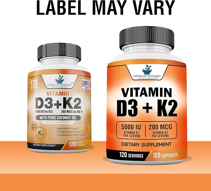 American Standard Supplements Vitamin D3 5000 IU (125mcg) Plus Vitamin K2 (MK7) 200mcg Per Capsule - Gluten Free, Non-GMO, 120 Capsules, 120 Servings, 120 Day Supply