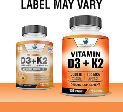American Standard Supplements Vitamin D3 5000 IU (125mcg) Plus Vitamin K2 (MK7) 200mcg Per Capsule - Gluten Free, Non-GMO, 120 Capsules, 120 Servings, 120 Day Supply