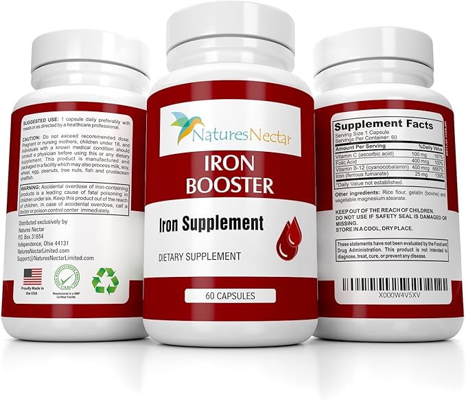Nature's Nectar Iron Capsules for Women – Slow Release Non-Constipating Pure Iron Booster Supplement with Vitamin B-12, Folic Acid & Vitamin C – Supports Red Blood Cell Production – 60 Capsules