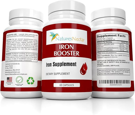 Nature's Nectar Iron Capsules for Women – Slow Release Non-Constipating Pure Iron Booster Supplement with Vitamin B-12, Folic Acid & Vitamin C – Supports Red Blood Cell Production – 60 Capsules