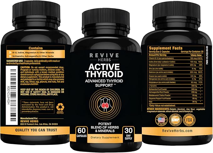 Thyroid Support: Powerful Blend of Ashwagandha, Iodine, Selenium, Magnesium, Zinc, Vitamin B12 & More for Optimal Health - 60 Capsules