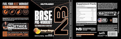 NutraBio Base Pre-Workout Powder 200mg Caffiene, Sustained Energy, Focus, Endurance, Pump, Sugar Free, Clean Preworkout for Men and Women - Beta Alanine, L-Tyrosine, 30 Servings - Orange Mango