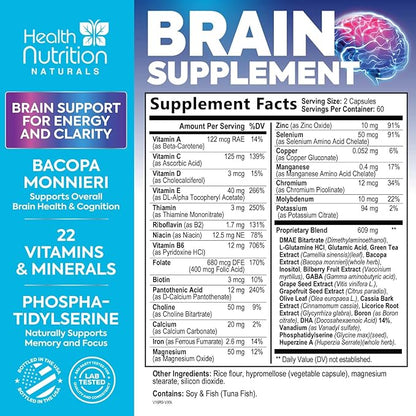 Brain Supplements for Memory and Focus - Extra Strength Nootropic Capsules for Concentration, Alertness, Cognitive Support - Phosphatidylserine, Brain Health Vitamins B6 C E Zinc - 120 Capsules