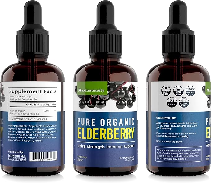Organic Elderberry Syrup, 30 Day Supply, Black Elderberry Liquid for Immune Support, Sambucus Elderberry Syrup - Liquid Extract Drops for Kids & Adults - Extra Strength (1 Pack)