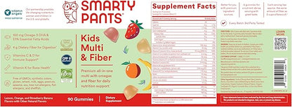 SmartyPants Kids Multivitamin Gummies and Fiber Supplement: Vitamin D3, C, Vitamin B12, B6, A, Zinc, Biotin, Inositol, Fiber Gummies, Three Fruit Flavors, 90 Count (22 Day Supply)