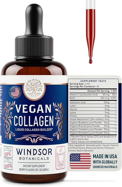 WINDSOR BOTANICALS Vegan Collagen Builder Liquid Supplement - Collagen Booster with Vitamin C, Biotin, Hyaluronic Acid & Amino Acids - Organic Fruit & Vegetable Blend - 60ml, 30 Day