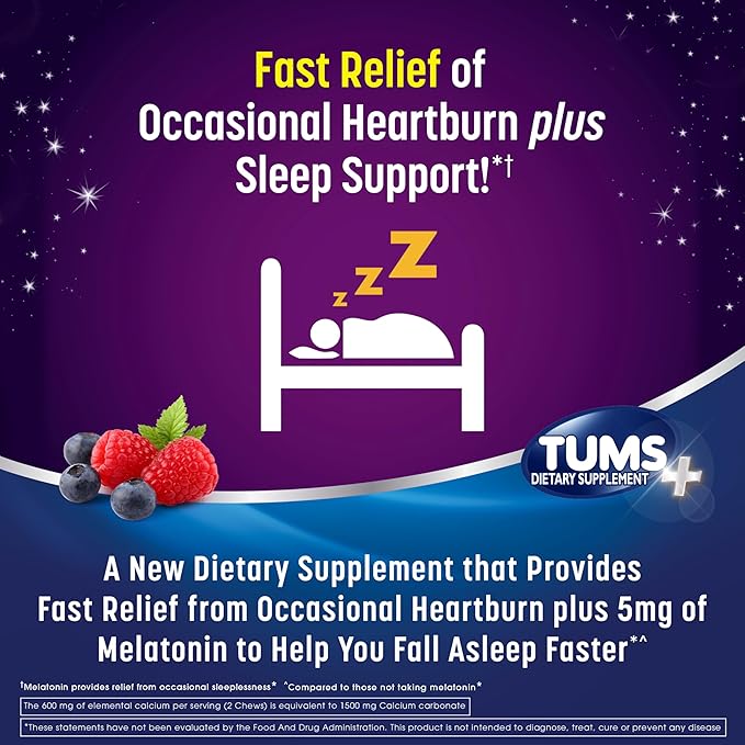 TUMS Heartburn Plus Sleep Support Chewable Dietary Supplement Tablets for Occasional Heartburn Relief Plus Sleep Support, Berry Fusion - 54 Count