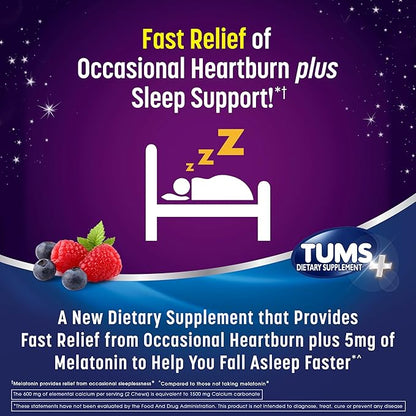 TUMS Heartburn Plus Sleep Support Chewable Dietary Supplement Tablets for Occasional Heartburn Relief Plus Sleep Support, Berry Fusion - 54 Count