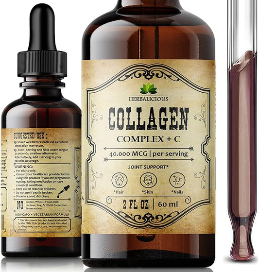 Collagen Complex + C - Liquid Collagen Supplement With Marin Cartilage, Hydrolyzed Fish Collagen, Vitamin C - Helps Support Joint, Hair, Skin, Nail Wellness - Vegetarian Formula, 2 fl. oz