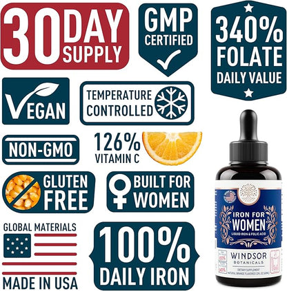WINDSOR BOTANICALS Liquid Iron Supplements for Anemia - Folic Acid, Vitamin C, Vegan Blood Builder and Anemia Supplement - 2 oz Orange Flavor Gentle Iron Drops for Women