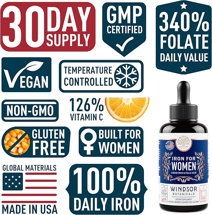 WINDSOR BOTANICALS Liquid Iron Supplements for Anemia - Folic Acid, Vitamin C, Vegan Blood Builder and Anemia Supplement - 2 oz Orange Flavor Gentle Iron Drops for Women