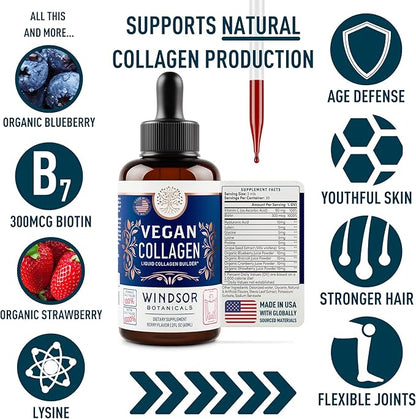 WINDSOR BOTANICALS Vegan Collagen Builder Liquid Supplement - Collagen Booster with Vitamin C, Biotin, Hyaluronic Acid & Amino Acids - Organic Fruit & Vegetable Blend - 120ml, 60 Day