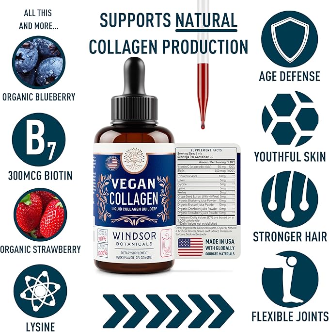 WINDSOR BOTANICALS Vegan Collagen Builder Liquid Supplement - Collagen Booster with Vitamin C, Biotin, Hyaluronic Acid & Amino Acids - Organic Fruit & Vegetable Blend - 60ml, 30 Day
