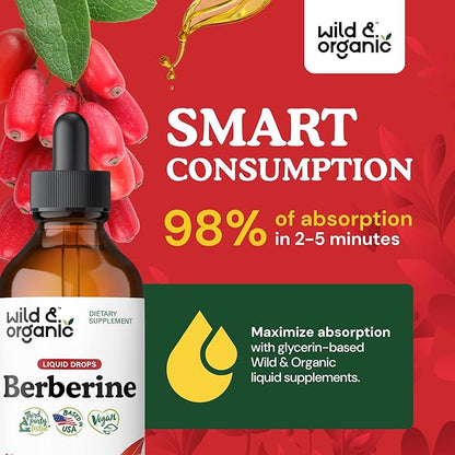 Wild & Organic Berberine Drops 500mg - Liquid Berberine Supplement HCL for Overall Support - Pure Extract Tincture - Vegan, Alcohol & Sugar-Free - 4 fl oz