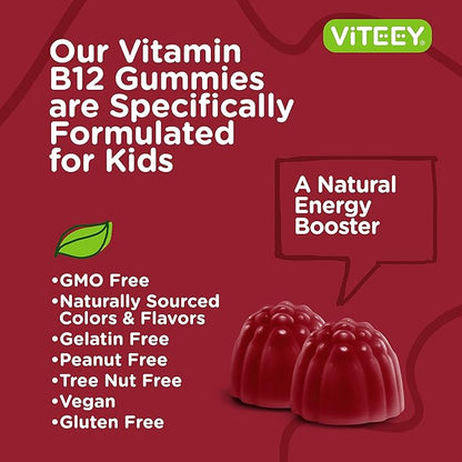Vitamin B12 for Kids Gummies, 1000mcg - Sugar Free - Metabolism, Natural Energy Support - Vegan, Gelatin Free, Gluten Free, GMO Free - Tasty Chewable B12 Strawberry Flavored Gummy