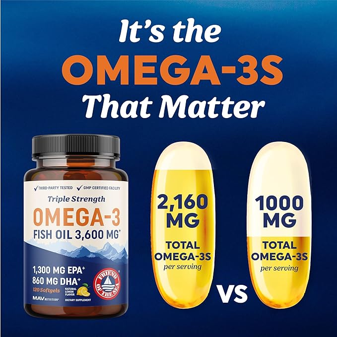 Triple Strength DHA Omega 3 Fish Oil 3600 mg | Over 2100mg Omega-3 Fatty Acids with 860mg of DHA | 1300mg EPA | Best Essential Fatty Acids | Premium Wild Caught & Burpless Fish Oil | 120 Softgels