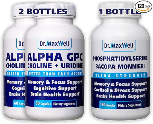 Alpha GPC & Uridine 2X 60 Capsules + Phosphatidylserine & Bacopa 1x 120 Capsules, 2 Months Supply