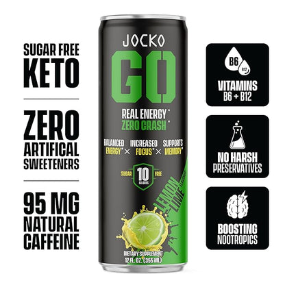 Jocko GO Energy Drink - KETO, Vitamin B12, Vitamin B6, Electrolytes, L Theanine, Magnesium- Energy Boost, Sugar Free Nootropic Monk Fruit Blend - 12 Pack (Lemon Lime)