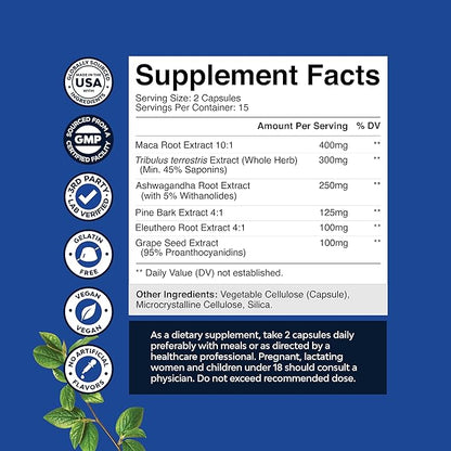 Potent Black Maca Root Capsules for Men - Herbal Wellness Supplement with Siberian Ginseng Ashwagandha and Black Maca Root - Men’s Wellness Supplement to Support General Health (Trial Size)
