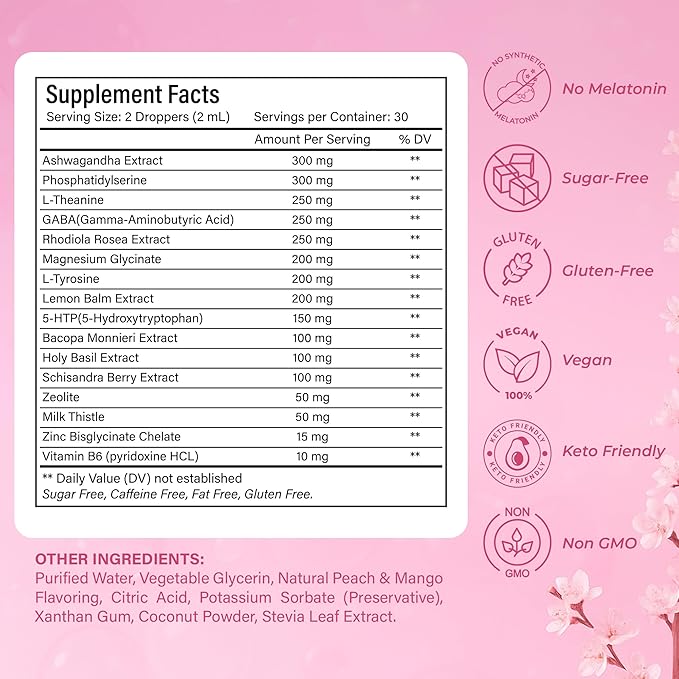Cortisol Supplements for Women Liquid Drops - Hormone Balance & Mood Support for Women – Ashwagandha, GABA, Magnesium Glycinate, Rhodiola, 5-HTP – Sugar Free, Vegan, Non-GMO - 2 fl oz