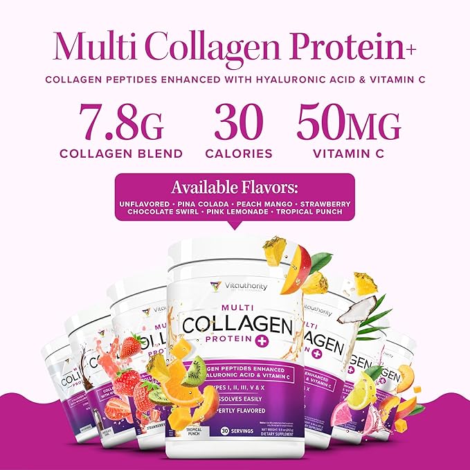 Multi Collagen Peptides Powder for Women - Hydrolyzed Flavored Collagen Powder for Women with Types I II III V & X Vitamin C & Hyaluronic Acid for Hair Skin and Nails (Pink Lemonade) - 30 Servings