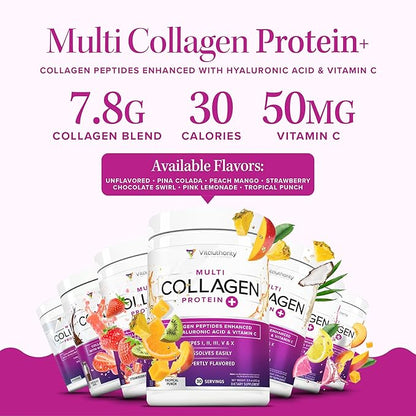 Multi Collagen Peptides Powder for Women - Hydrolyzed Flavored Collagen Powder for Women with Types I II III V & X Vitamin C & Hyaluronic Acid for Hair Skin and Nails (Pina Colada) - 30 Servings