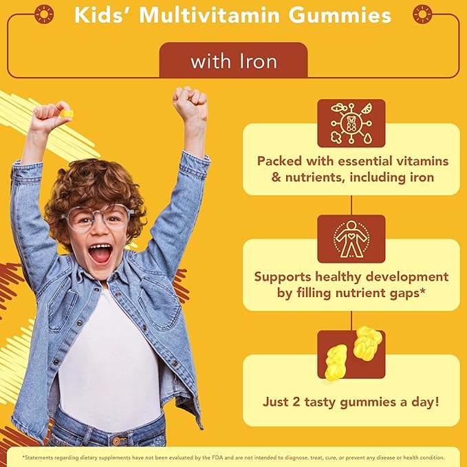 Picky Eater Kids Multivitamin Gummies with Iron - Sugar Free Chewable Iron Supplement for Toddlers & Children 3 & Up - Essential Kids Vitamins for Growth & Development