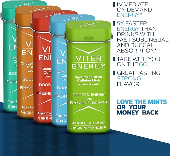 Viter Energy 40mg Caffeine Mints - Sugar Free, B Vitamins, Vegan, Boosts Fast Energized Alert Focus, Caffeinated Nootropic Supplement Pills (Variety Flavors, 20pcs, 5 Pack, 100pcs Total)
