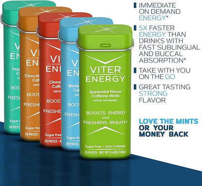 Viter Energy 40mg Caffeine Mints - Sugar Free, B Vitamins, Vegan, Boosts Fast Energized Alert Focus, Caffeinated Nootropic Supplement Pills (Variety Flavors, 20pcs, 5 Pack, 100pcs Total)