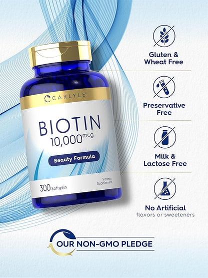 Carlyle Biotin 10000mcg | 300 Softgels | Max Strength | Non-GMO, Gluten Free Supplement