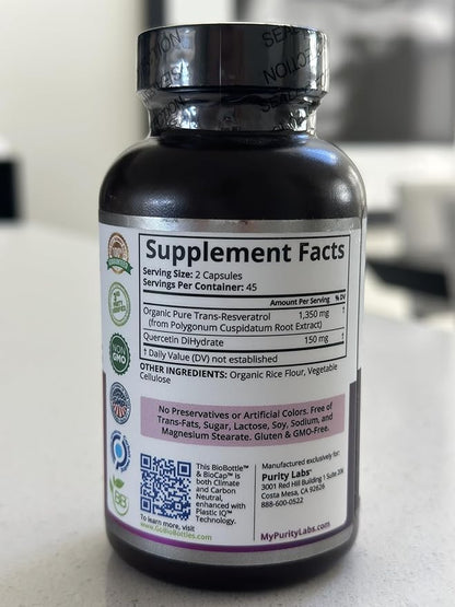 Purity Labs Pure Organic Trans-Resveratrol - Vegan Supplements for Heart, Skin, Hair, Nails - Supplement - 90 Capsules