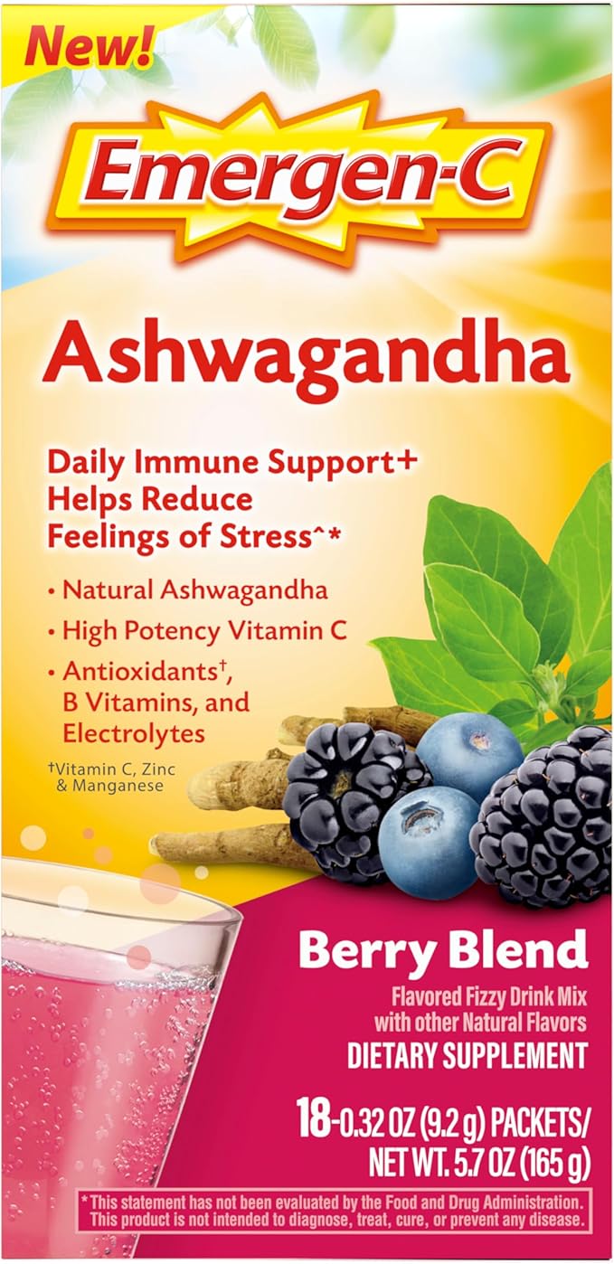 Emergen-C Vitamin C Ashwagandha Drink Mix, Dietary Supplement for Immune Support, Berry Blend - 18 Count