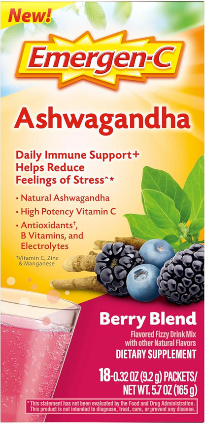Emergen-C Vitamin C Ashwagandha Drink Mix, Dietary Supplement for Immune Support, Berry Blend - 18 Count