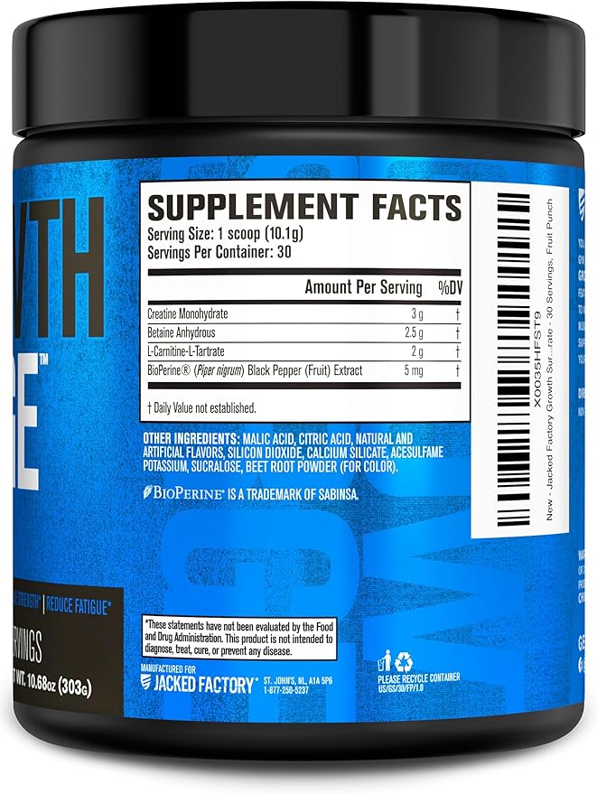 Jacked Factory Growth Surge Creatine Post Workout w/L-Carnitine - Daily Muscle Builder & Recovery Supplement with Creatine Monohydrate, Betaine, L-Carnitine L-Tartrate - 30 Servings, Fruit Punch