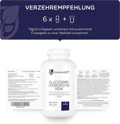 FürstenMED® Glucosamine Chondroitin MSM Supplement - Chondroitin & Glucosamine Nutritional Supplements for Bones & Normal Cartilage Health - Support Normal Joint Health with Vitamin C - 180 Capsules
