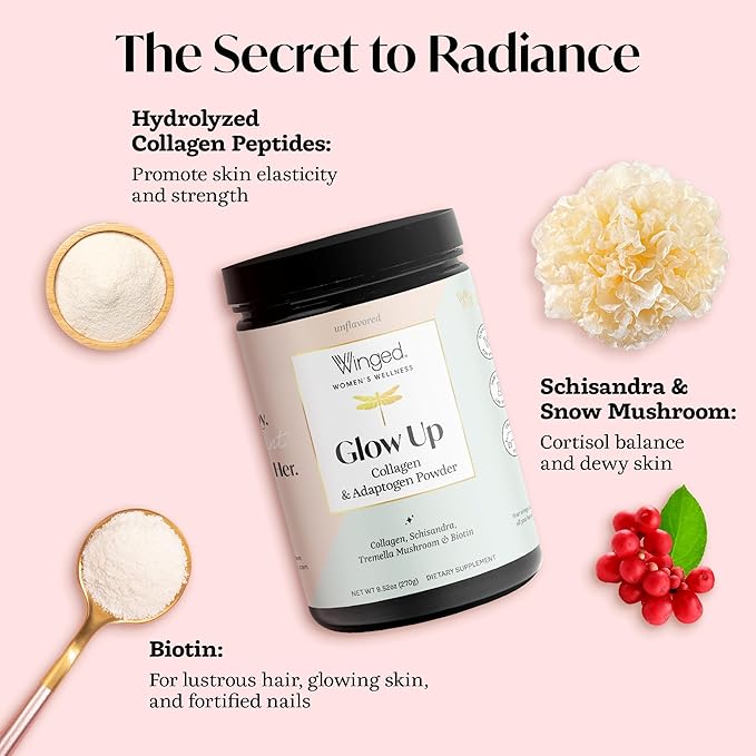 Winged Wellness Glow Up, Collagen Powder for Women - Hair, Skin & Nails Beauty Supplement with Grass-Fed Hydrolyzed Collagen Peptides Adaptogens, Vitamin C & Biotin - 25 Servings, Unflavored