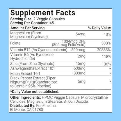 8-in-1 Ashwagandha Supplements with B12 B6 Magnesium Maca Zinc Folate, Cortisol Supplements for Women and Men Supports Stress Relief, Sleep, Energy, Focus(90 Capsules)