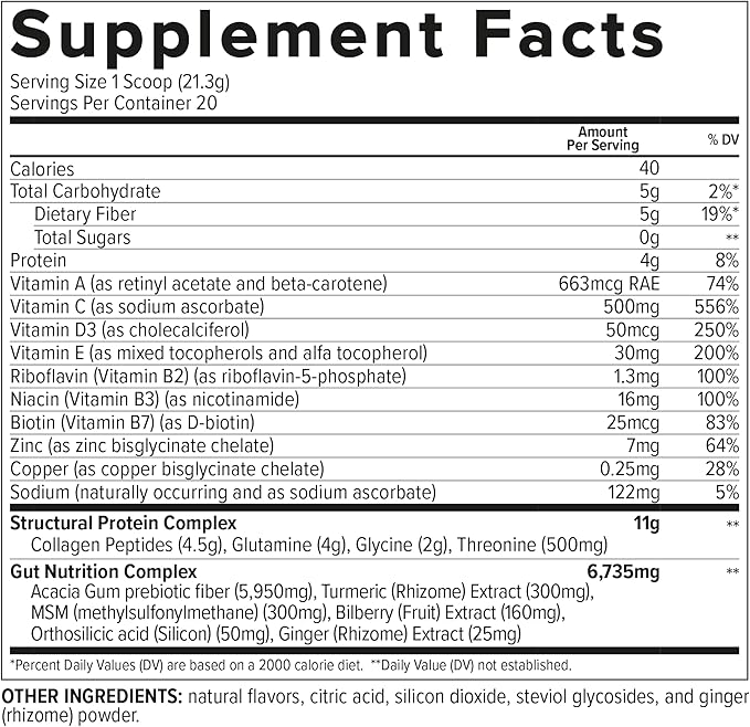 Collagen Gut - Collagen Peptides Powder - Gut health supplement Immunity - Prebiotic Fiber, Turmeric Extract, FODMAP Friendly, Sugar-Free - Orange & Blueberry- 15oz (20 Servings)