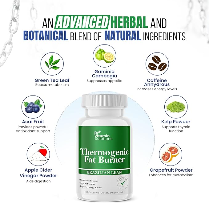DR VITAMIN SOLUTIONS Thermogenic Fat Burner Brazilian Lean, Weight Loss Pills for Women, Waist Trimmer & Supplements for Bloating for Women & Men, 60 Capsules