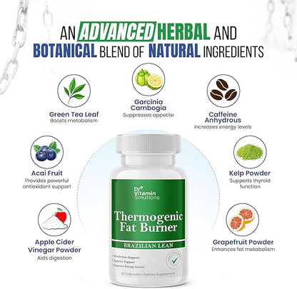 DR VITAMIN SOLUTIONS Thermogenic Fat Burner Brazilian Lean, Weight Loss Pills for Women, Waist Trimmer & Supplements for Bloating for Women & Men, 60 Capsules