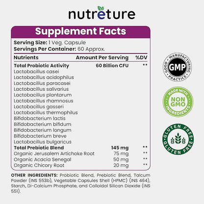 60 Billion probiotics for Men | 60 Capsules Mens probiotic Supplement | prebiotics for Gut Health | probiotics for Digestive Health