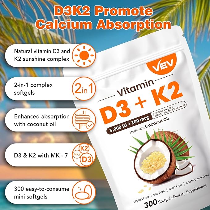 VEV Vitamin D3 K2, 5000 IU D3 100mcg K2 (MK 7), 300 Softgels, 2-in-1 Vitamin D & K Supplement with Coconut Oil, Supports Calcium Absorption and Bone Health, Easy to Swallow (Packaging May Vary)