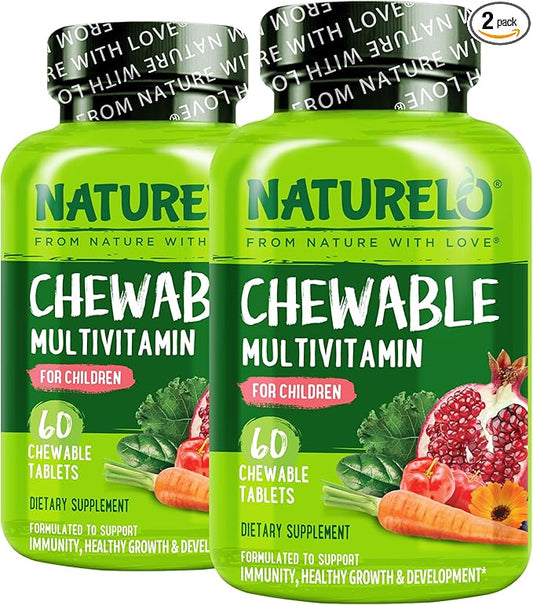NATURELO Chewable Vitamin for Kids – Multivitamin with Whole Food Organic Fruit Blend - 60 Tablets for Children (Pack of 2)