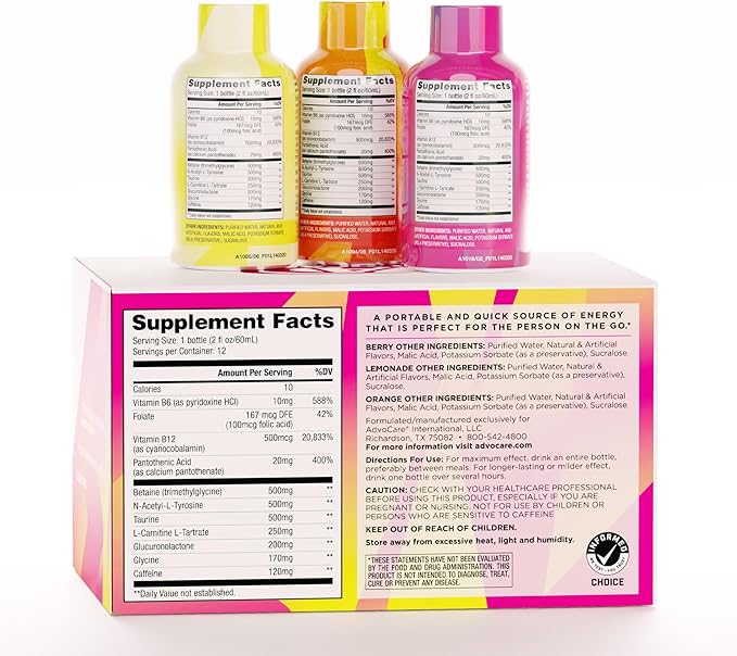 AdvoCare Slam Variety Pack - Liquid Vitamin & Amino Acid Supplement - Contains Vitamin B-12, B-6, Folic Acid & More - Orange, Berry & Lemonade - 12 Bottles
