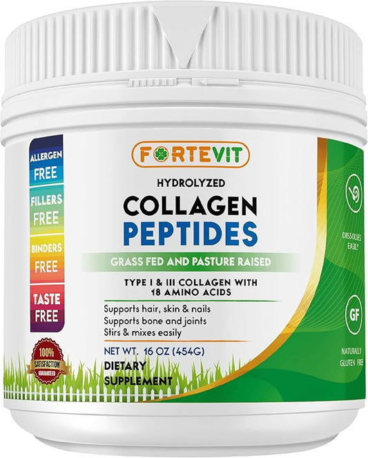 FORTEVIT Hydrolyzed Collagen Peptides Powder - Boosts Skin Elasticity, Strengthens Hair & Nails, Supports Joint Mobility - Unflavored, Non-GMO, Sugar-Free, Keto & Paleo-Friendly (16oz Jar)