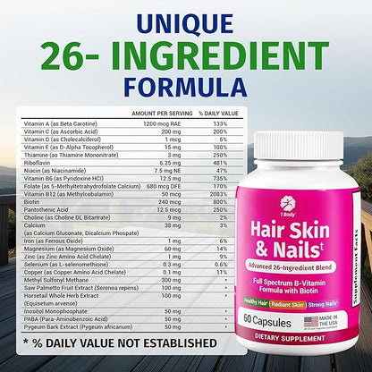 1 Body Hair Skin and Nails Vitamins with Biotin – Contains 26 Vitamins, Minerals and Herb Extracts – Hair and Nail Growth, Glowing Skin Supplements Formula for Men and Women – 60 Vegan Capsules