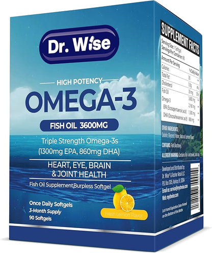Dr. Wise Omega-3 Fish Oil 3600mg - One Per Day - Triple Strength EPA 1300mg & DHA 860mg - Burpless Lemon Flavor - Heart, Brain & Joint Support - High Potency Supplement - 90 Softgels - Made in USA.