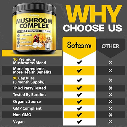 Satoomi 10in1 Mushroom Supplement Complex - Lions Mane, Cordyceps, Reishi, Chaga and 6 More - Brain Supplements for Memory & Focus - 90 Count - 3 Months Supply
