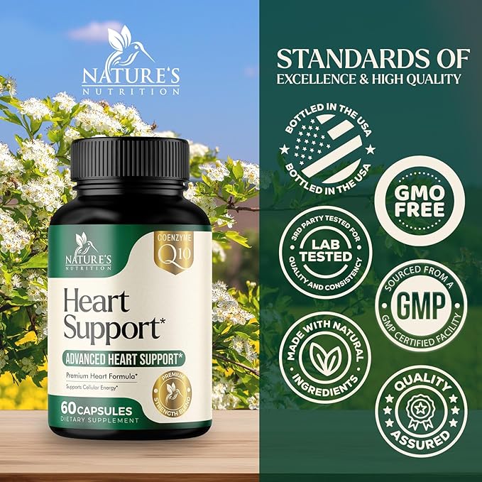 Heart Health Supplements 1650mg - CoQ10 and Antioxidants for Heart Health Support with Hawthorn, Plant Sterols & More Vitamins to Support Nitric Oxide & Energy Production, Non-GMO - 60 Capsules
