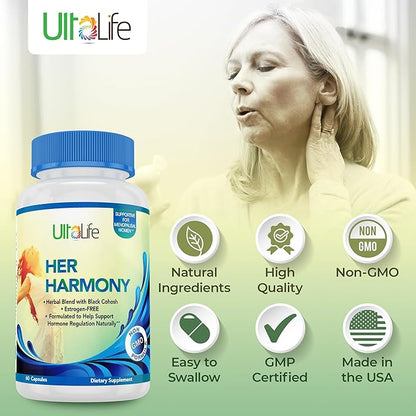 Her Harmony Menopause Supplements for Women - Hot Flashes Menopause Relief & Hormone Balance for Women - Contains Black Cohosh, Dong Quai, Red Clover & More - Estrogen Free - 60 Capsules